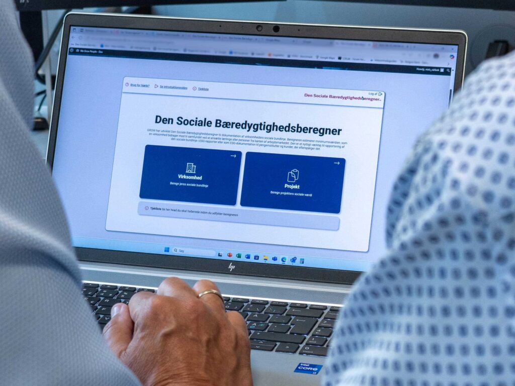 Screenshot af Den Sociale Bæredygtighedsberegner som bliver anvendt.